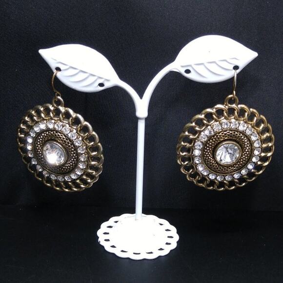 Vintage Clear Rhinestones Mesh Link Chain Round Drop Earrings, 2 Inches - Picture 3 of 8